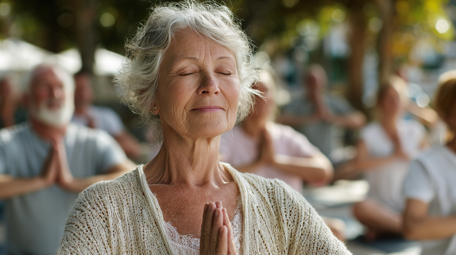 Seniori practicând yoga într-un mediu liniștit